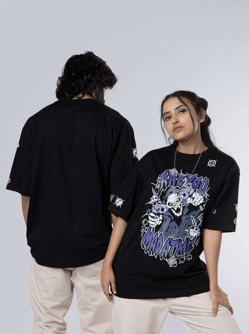 Mad At Me Black Unisex Oversized T-Shirt Front And Back View