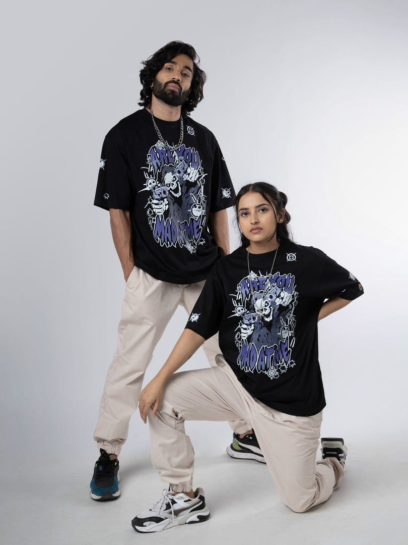 Mad At Me Black Unisex Oversized T-Shirt Front View Male and Female