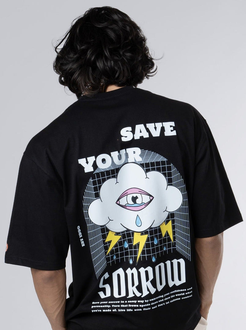 Save Your Sorrow Black Oversized T-Shirts back view of male