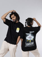 Load image into Gallery viewer, Save Your Sorrow Black Oversized T-Shirts Front View of male and back view of female
