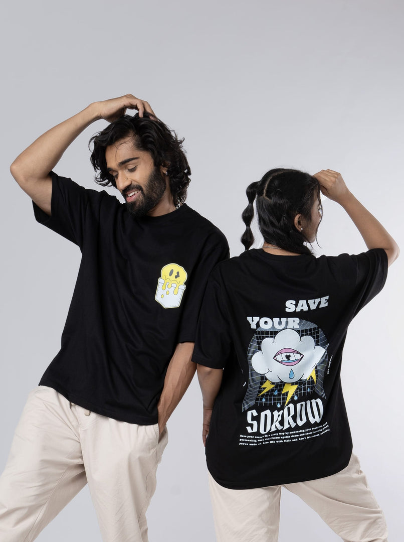 Save Your Sorrow Black Oversized T-Shirts Front View of male and back view of female