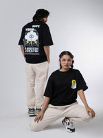 Load image into Gallery viewer, Save Your Sorrow Black Oversized T-Shirts Front View of female and back view of male
