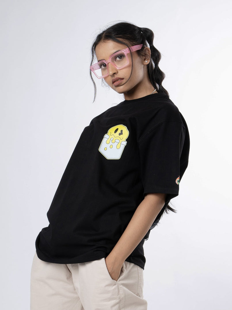 Save Your Sorrow Black Oversized T-Shirts Front View of female