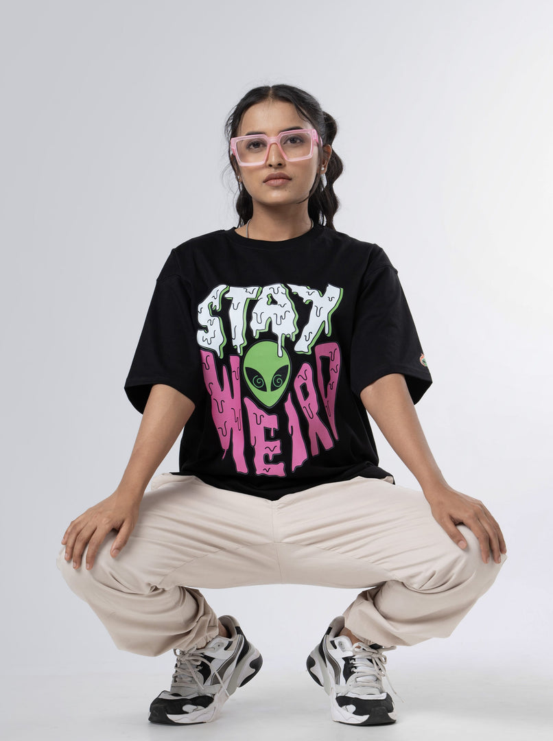 Stay Weird - Black Oversized T-Shirt Front View of female