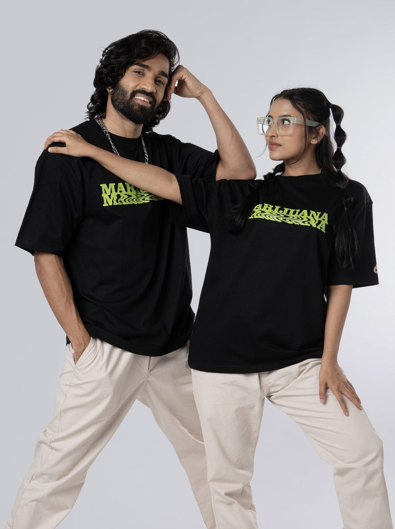 Marijuana Black Unisex Oversized T Shirt front design view of male and female