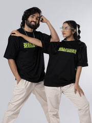 Marijuana Black Unisex Oversized T Shirt front design view of male and female