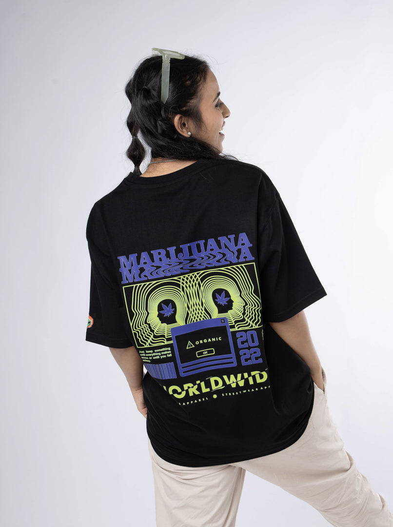 Marijuana Black Unisex Oversized T Shirt back design view of female