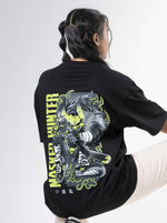 Load image into Gallery viewer, Master Hunter Black  Unisex Oversized T-Shirt back Design View of Female
