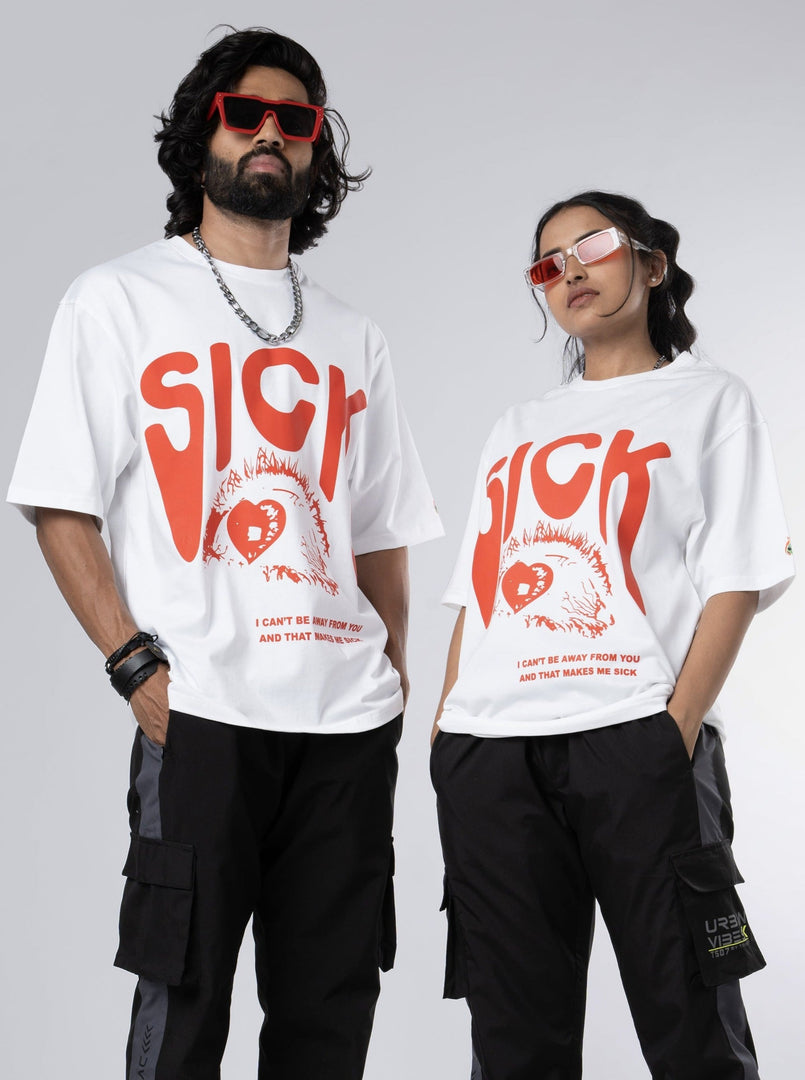 SICK design White Unisex Oversized T-Shirt Front View of male and female