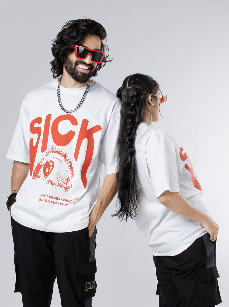 SICK design White Unisex Oversized T-Shirt Front View of male and female