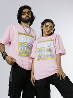 Load image into Gallery viewer, UFO Soft Pink Unisex Oversized T-Shirt Front View Of Male and Female
