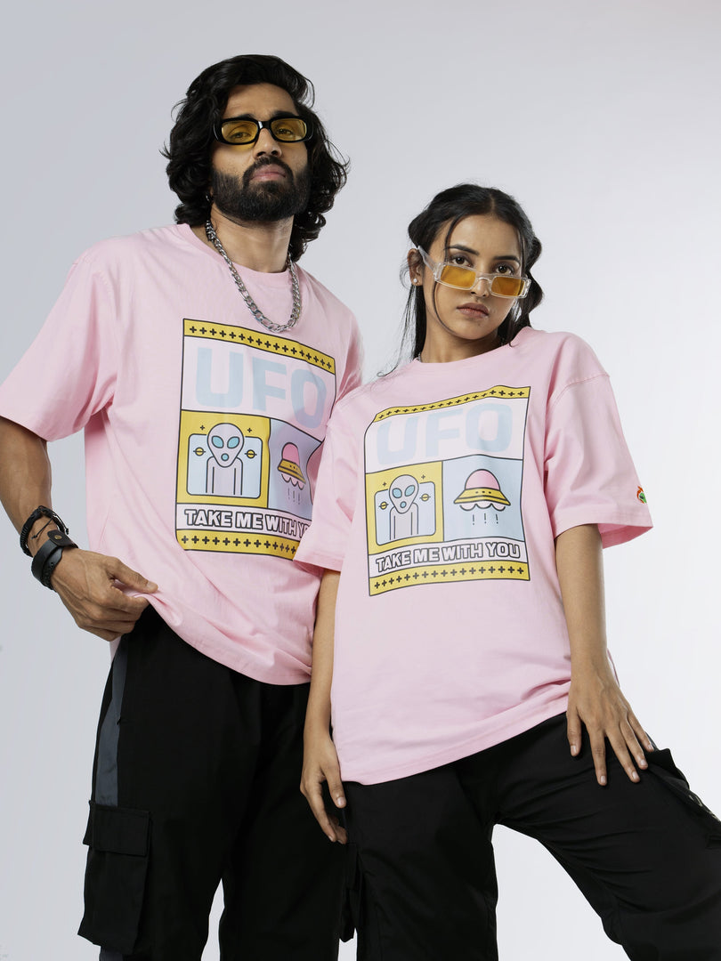 UFO Soft Pink Unisex Oversized T-Shirt Front View Of Male and Female