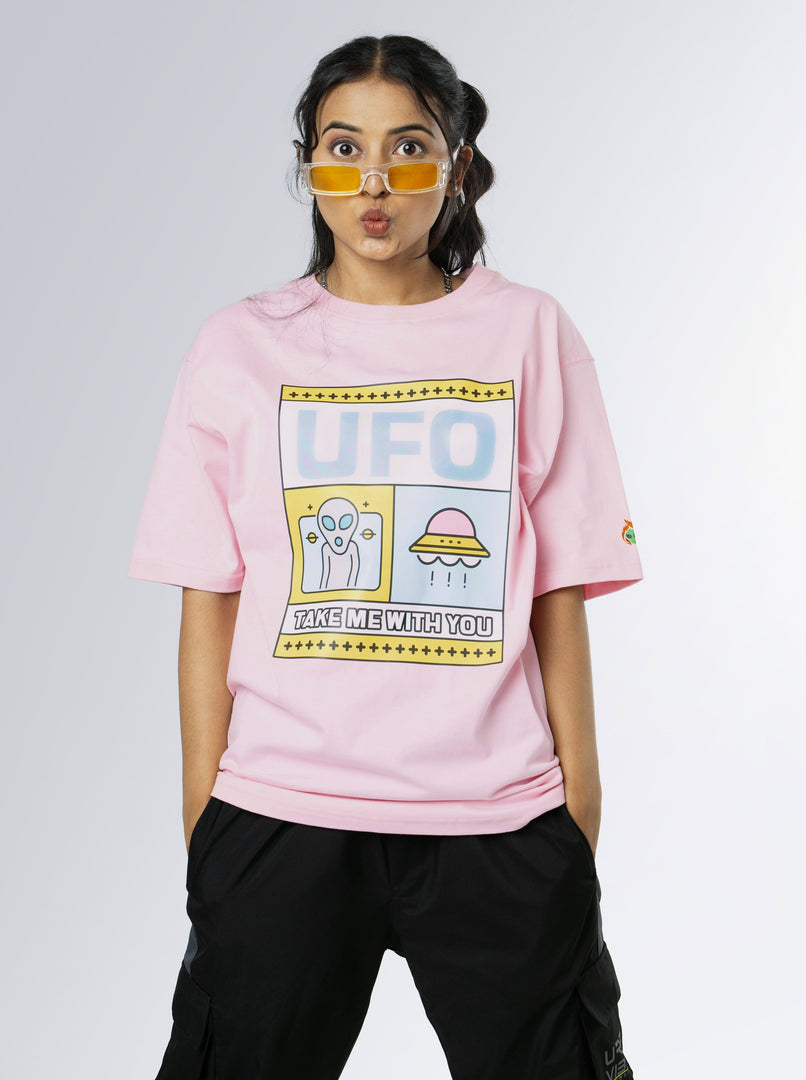 UFO Soft Pink Unisex Oversized T-Shirt Front View Of Female