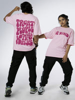 Load image into Gallery viewer, Be Kind Soft Pink Unisex Oversized T Shirt front and back design view of male and female 
