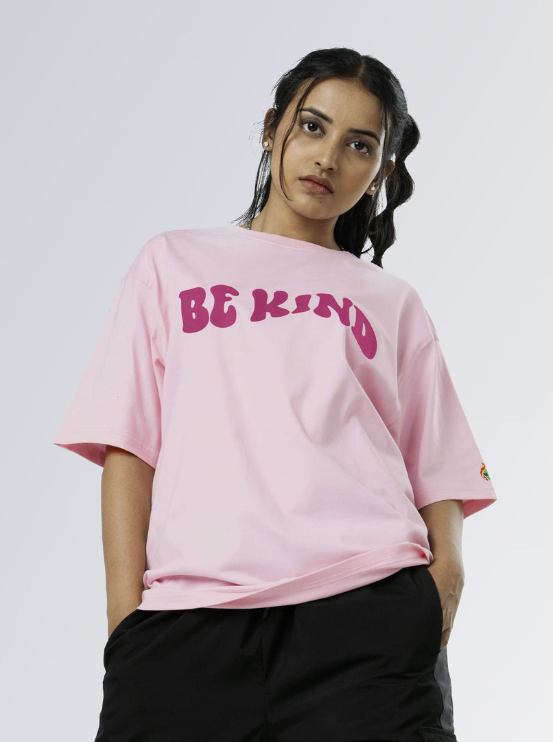 Be Kind Soft Pink Unisex Oversized T Shirt front design view of female 