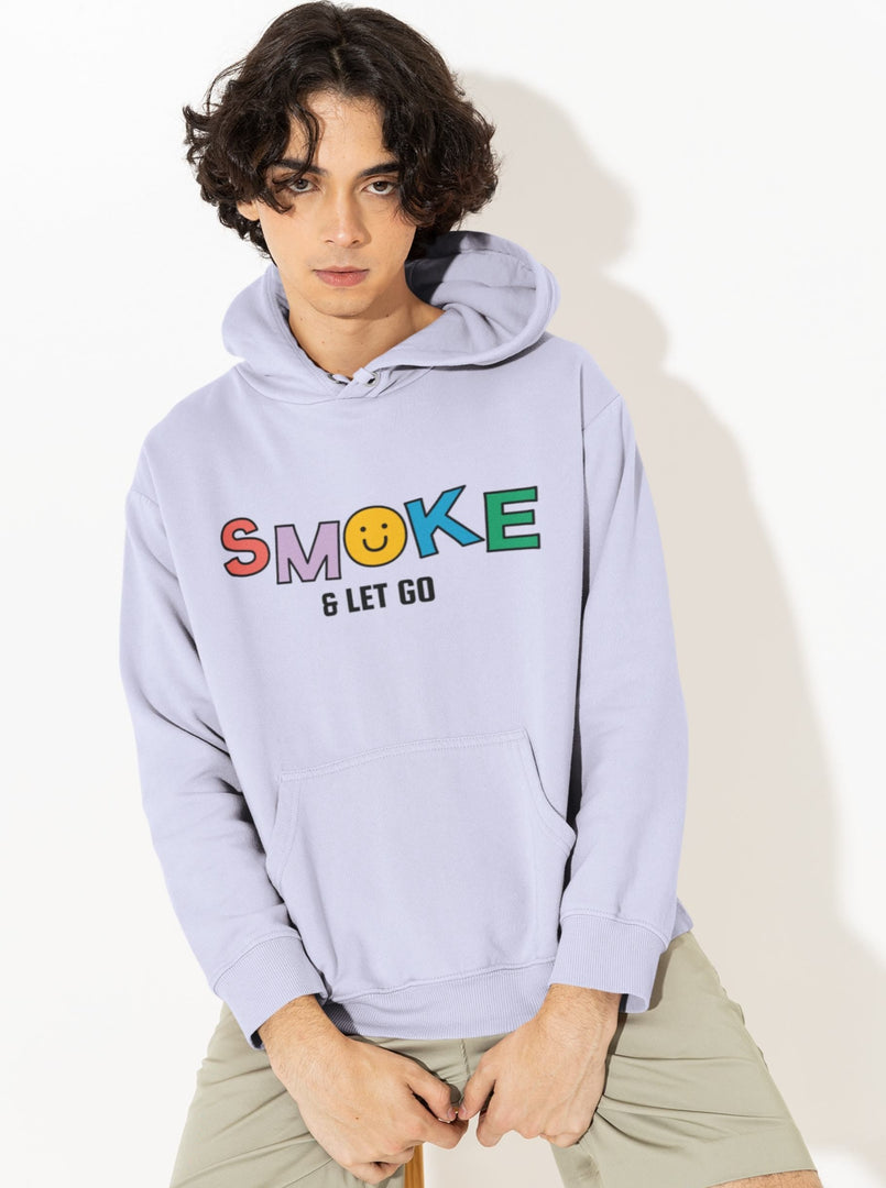 Man Wearing a SMOKE & Let Go  – Lavender Unisex Printed Hoodie