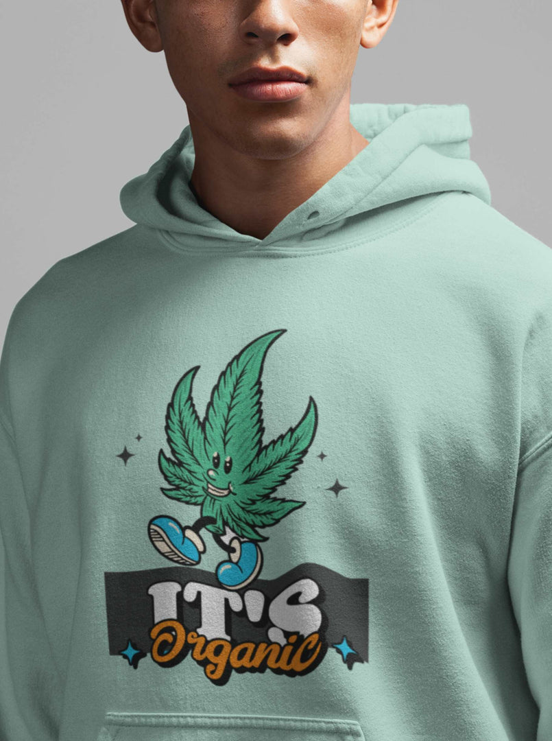 man wearing a It's Organic – Mint Green Unisex Printed Hoodie