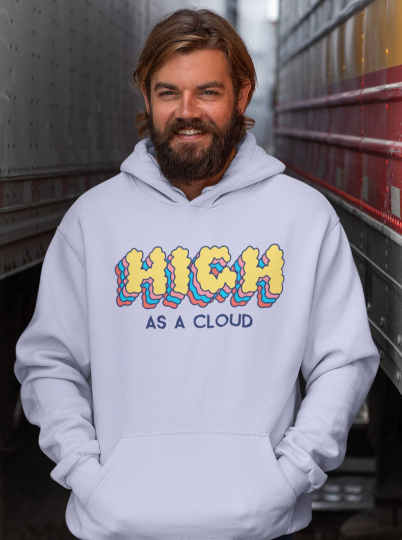 Man wearing a High as a Cloud – Lavender Unisex Printed Hoodie