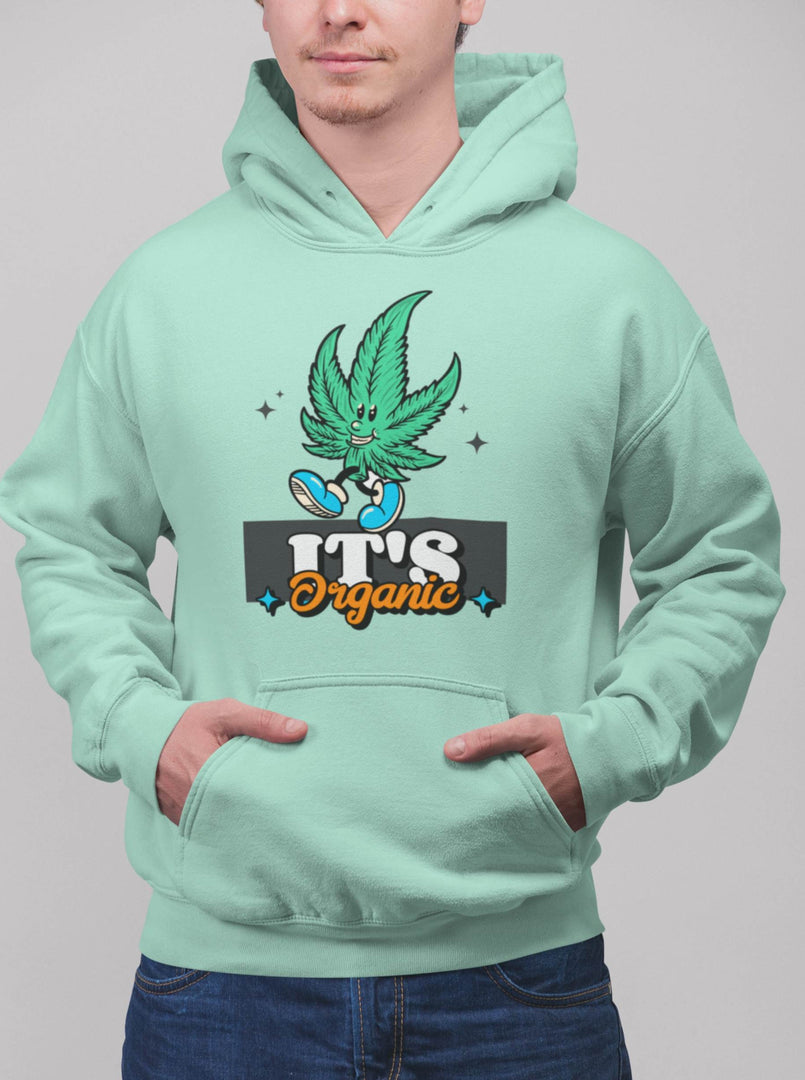 man wearing a It's Organic – Mint Green Unisex Printed Hoodie