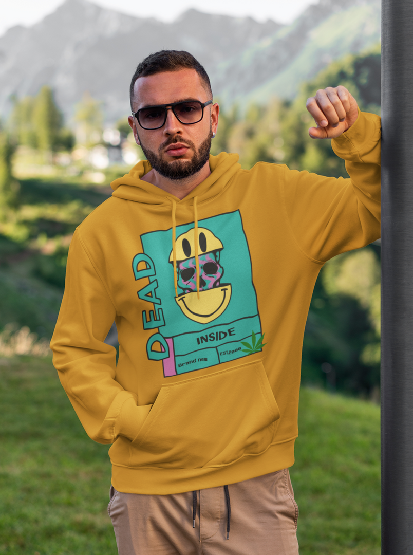 man wearing a Dead Inside – Mustard Unisex Printed Hoodie